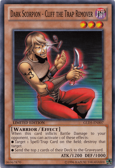 Common, Dark, Effect Monster, Gold Series: Haunted Mine, Limited, Warrior Dark Scorpion - Cliff the Trap Remover [GLD5-EN007] Common - Trading Card World