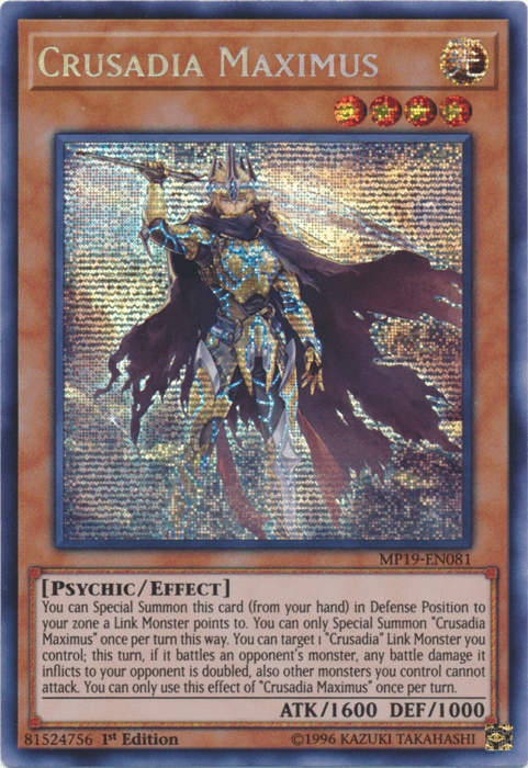 1st Edition, 2019 Gold Sarcophagus Tin Mega Pack, Effect Monster, Light, Prismatic Secret Rare, Psychic, Unlimited Crusadia Maximus [MP19-EN081] Prismatic Secret Rare - Trading Card World