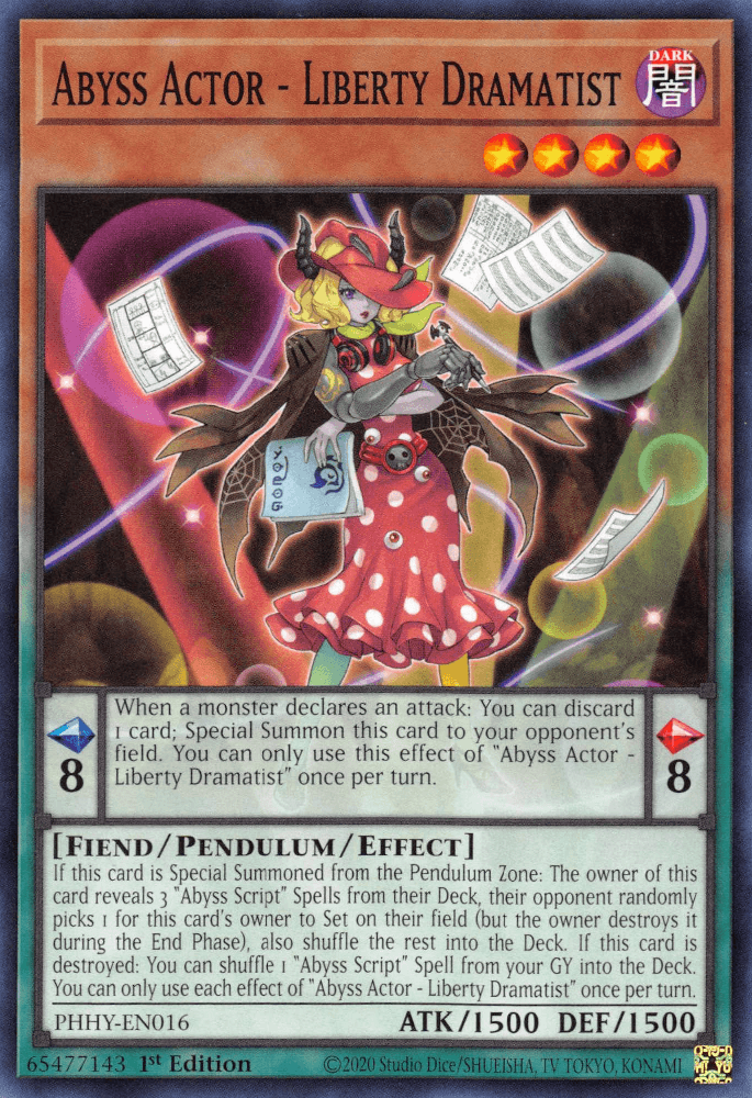 1st Edition, Common, Dark, Fiend, Pendulum/Effect Monster, Photon Hypernova Abyss Actor - Liberty Dramatist [PHHY-EN016] Common - Trading Card World