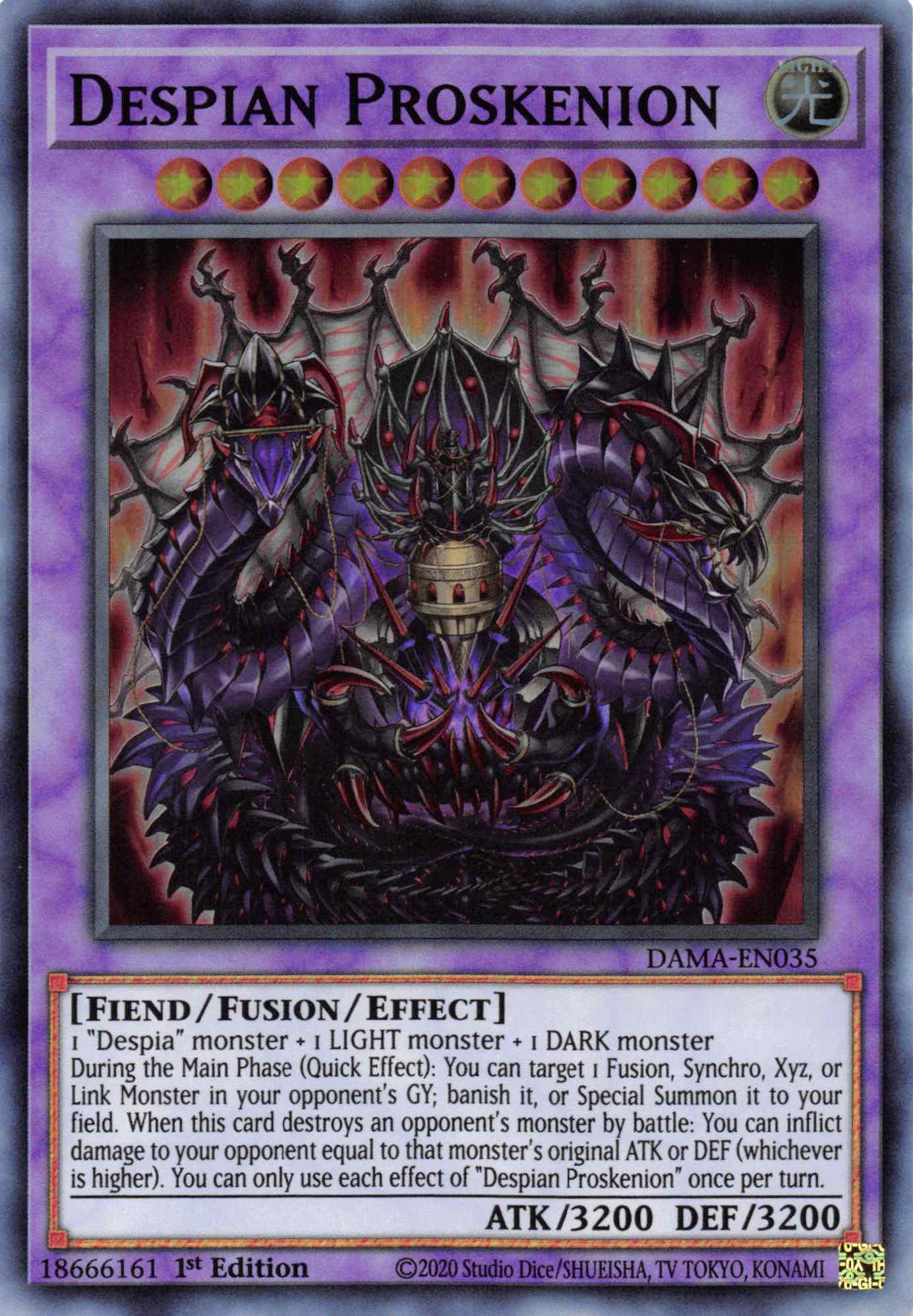 1st Edition, Dawn of Majesty, Fiend, Fusion/Effect Monster, Light, Super Rare Despian Proskenion [DAMA-EN035] Super Rare - Trading Card World