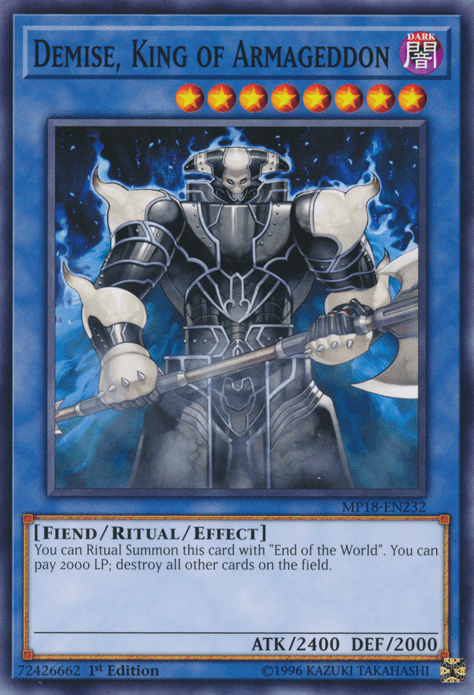 1st Edition, 2018 Mega-Tins Mega Pack, Common, Dark, Fiend, Ritual/Effect Monster Demise, King of Armageddon [MP18-EN232] Common - Trading Card World