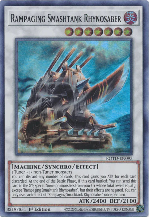 1st Edition, Fire, Machine, Rise of the Duelist, Super Rare, Synchro/Effect Monster Rampaging Smashtank Rhynosaber [ROTD-EN093] Super Rare - Trading Card World