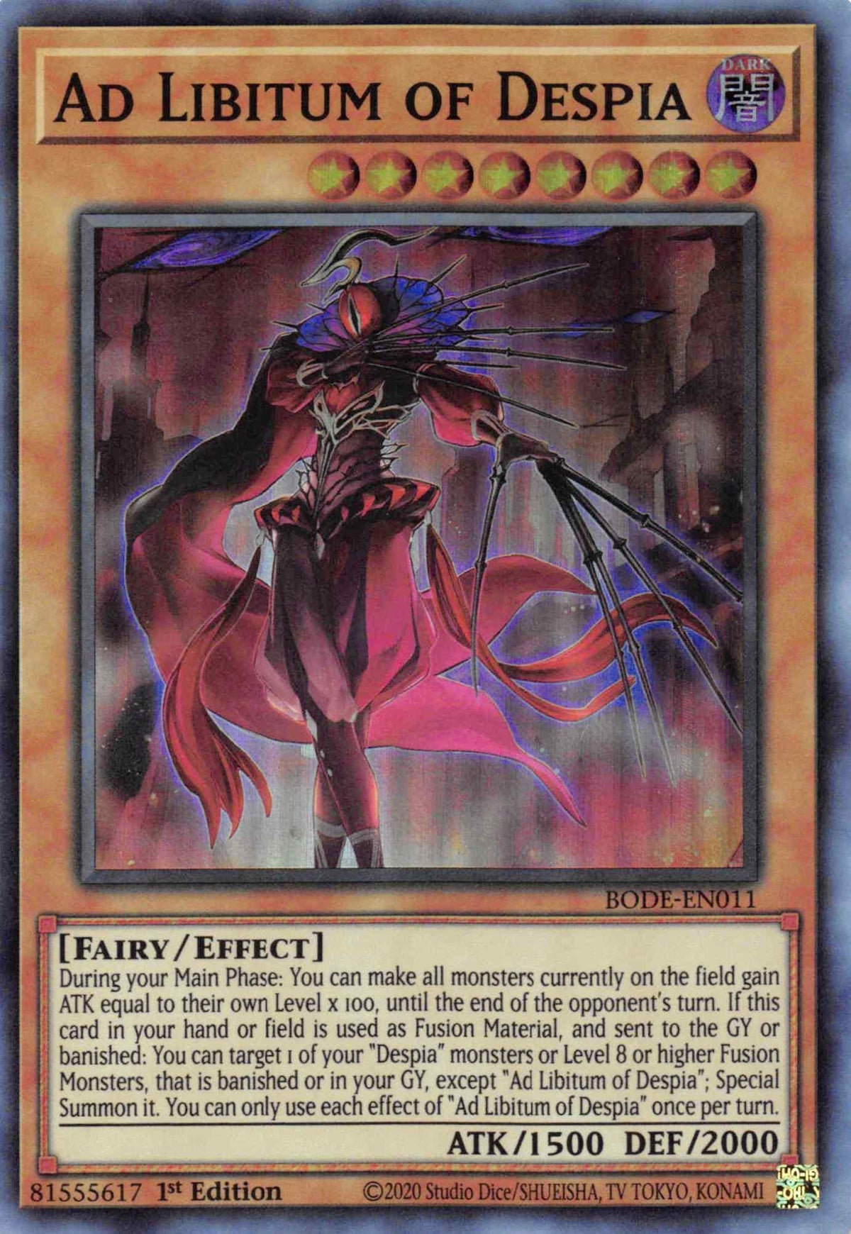 1st Edition, Burst of Destiny, Dark, Effect Monster, Fairy, Super Rare Ad Libitum of Despia [BODE-EN011] Super Rare - Trading Card World