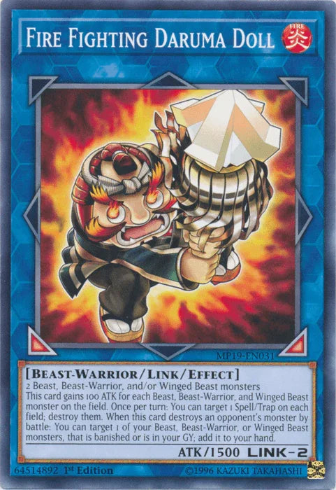 1st Edition, 2019 Gold Sarcophagus Tin Mega Pack, Beast-Warrior, Common, Fire, Link/Effect Monster, Unlimited Fire Fighting Daruma Doll [MP19-EN031] Common - Trading Card World