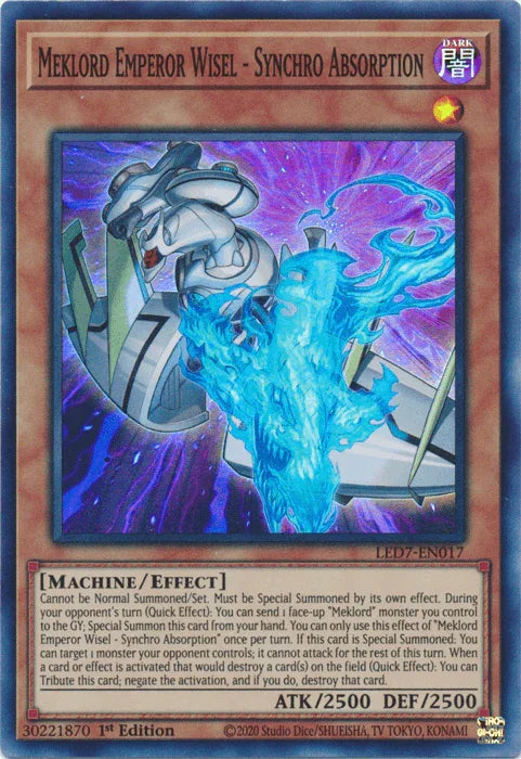 1st Edition, Dark, Effect Monster, Legendary Duelists: Rage of Ra, Machine, Super Rare, Unlimited Meklord Emperor Wisel - Synchro Absorption [LED7-EN017] Super Rare - Trading Card World