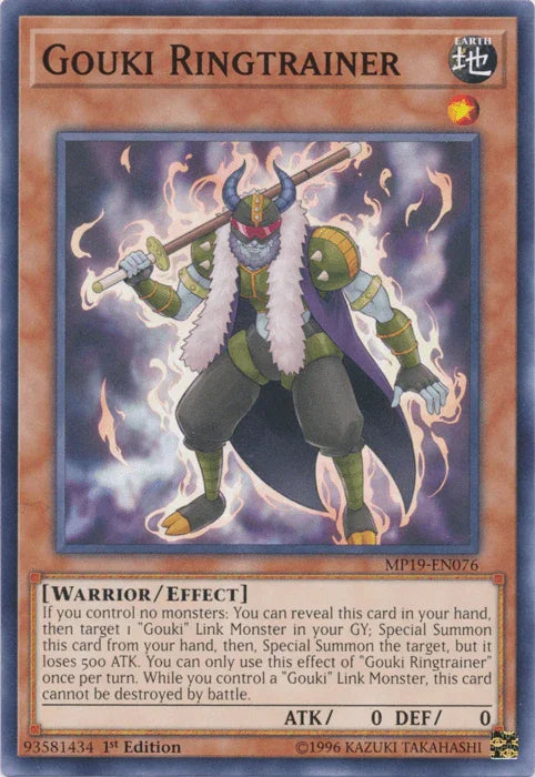 1st Edition, 2019 Gold Sarcophagus Tin Mega Pack, Common, Earth, Effect Monster, Unlimited, Warrior Gouki Ringtrainer [MP19-EN076] Common - Trading Card World