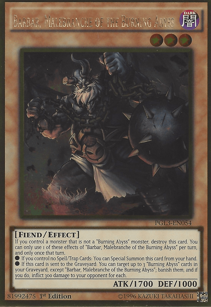 1st Edition, Dark, Effect Monster, Fiend, Gold Rare, Premium Gold: Infinite Gold Barbar, Malebranche of the Burning Abyss [PGL3-EN054] Gold Rare - Trading Card World