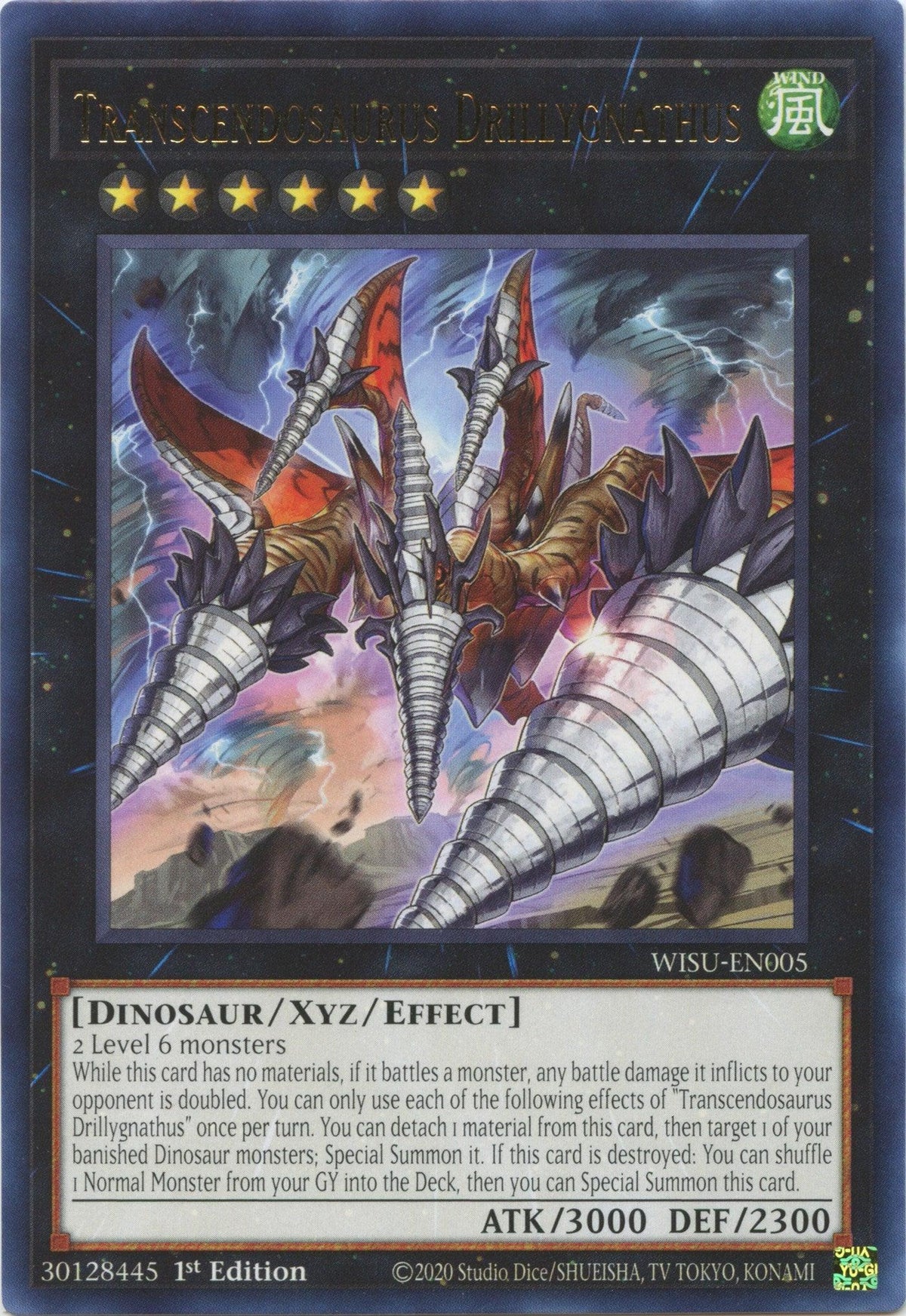 1st Edition, Dinosaur, Rare, Wild Survivors, Wind, Xyz/Effect Monster Transcendosaurus Drillygnathus [WISU-EN005] Rare - Trading Card World