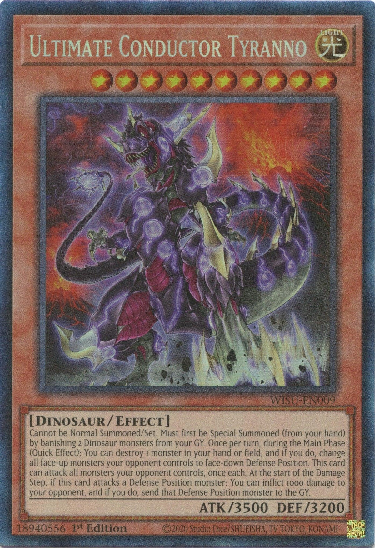 1st Edition, Collector's Rare, Dinosaur, Effect Monster, Light, Wild Survivors Ultimate Conductor Tyranno [WISU-EN009] Collector's Rare - Trading Card World