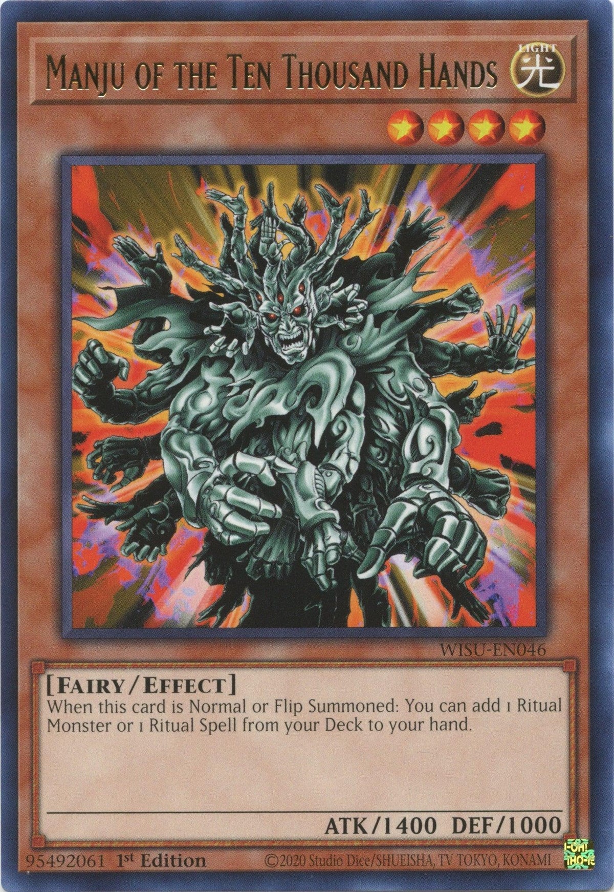 1st Edition, Effect Monster, Fairy, Light, Rare, Wild Survivors Manju of the Ten Thousand Hands [WISU-EN046] Rare - Trading Card World