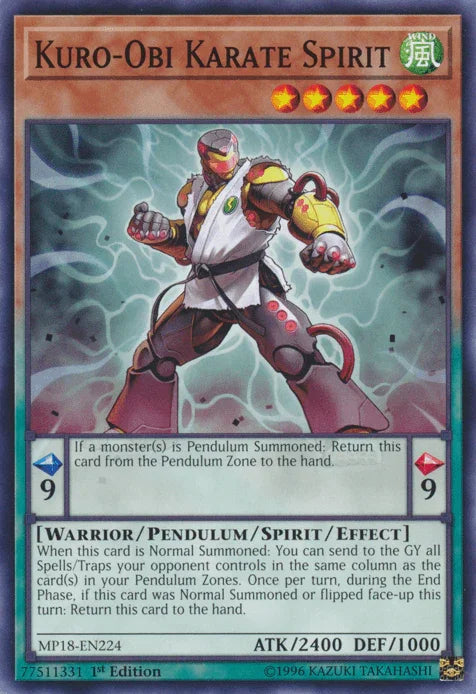 1st Edition, 2018 Mega-Tins Mega Pack, Common, Pendulum/Spirit/Effect Monster, Warrior, Wind Kuro-Obi Karate Spirit [MP18-EN224] Common - Trading Card World