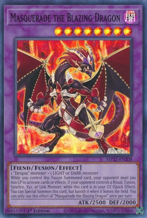 1st Edition, 2022 Tin of the Pharaoh's Gods, Dark, Fiend, Fusion/Effect Monster, Super Rare Masquerade the Blazing Dragon [MP22-EN208] Super Rare - Trading Card World