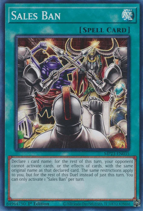 1st Edition, Dueling Heroes Collectors Tin - Mega Pack (25th Anniversary Edition), Normal Spell, Spell, Super Rare Sales Ban [MP23-EN035] Super Rare - Trading Card World