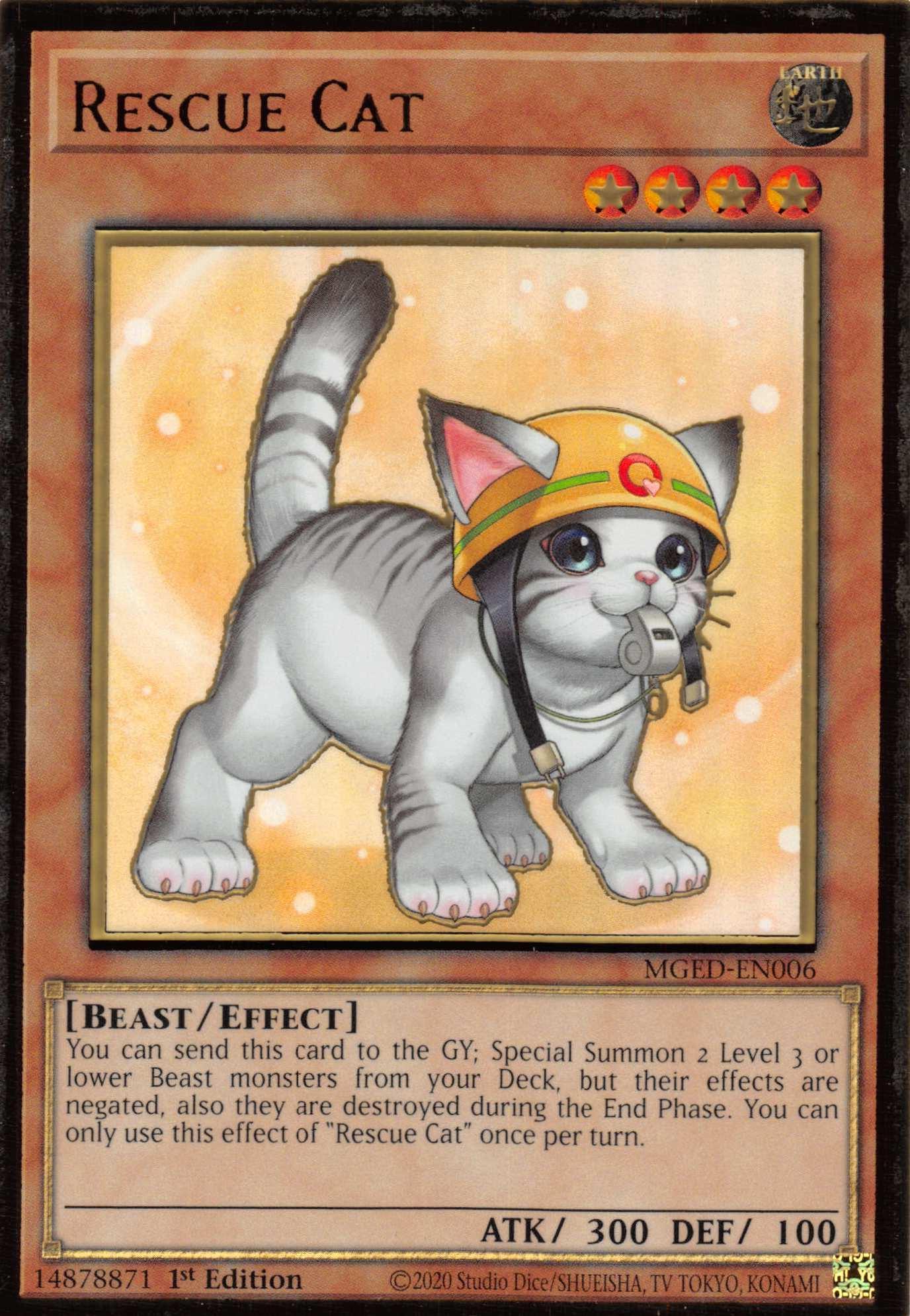 1st Edition, Beast, Earth, Effect Monster, Gold Rare, Maximum Gold: El Dorado Rescue Cat (Alternate Art) [MGED-EN006] Gold Rare - Trading Card World