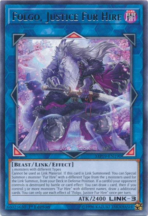 1st Edition, 2019 Gold Sarcophagus Tin Mega Pack, Beast, Dark, Link/Effect Monster, Rare, Unlimited Folgo, Justice Fur Hire [MP19-EN190] Rare - Trading Card World