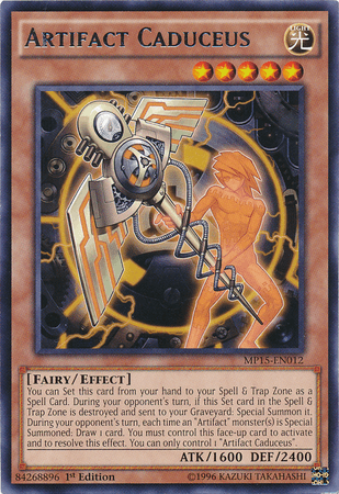 1st Edition, 2015 Mega-Tins Mega Pack, Effect Monster, Fairy, Light, Rare Artifact Caduceus [MP15-EN012] Rare - Trading Card World