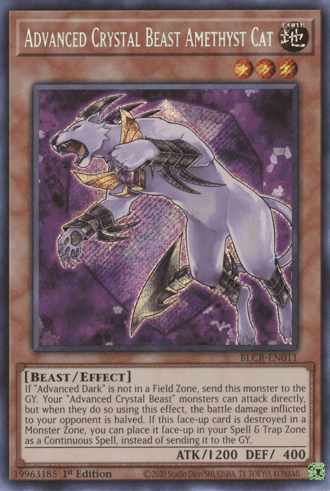 1st Edition, Battles of Legend: Crystal Revenge, Beast, Earth, Effect Monster, Secret Rare Advanced Crystal Beast Amethyst Cat [BLCR-EN011] Secret Rare - Trading Card World
