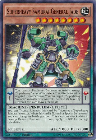 1st Edition, 2016 Mega-Tins Mega Pack, Common, Earth, Machine, Pendulum/Effect Monster, Unlimited Superheavy Samurai General Jade [MP16-EN181] Common - Trading Card World