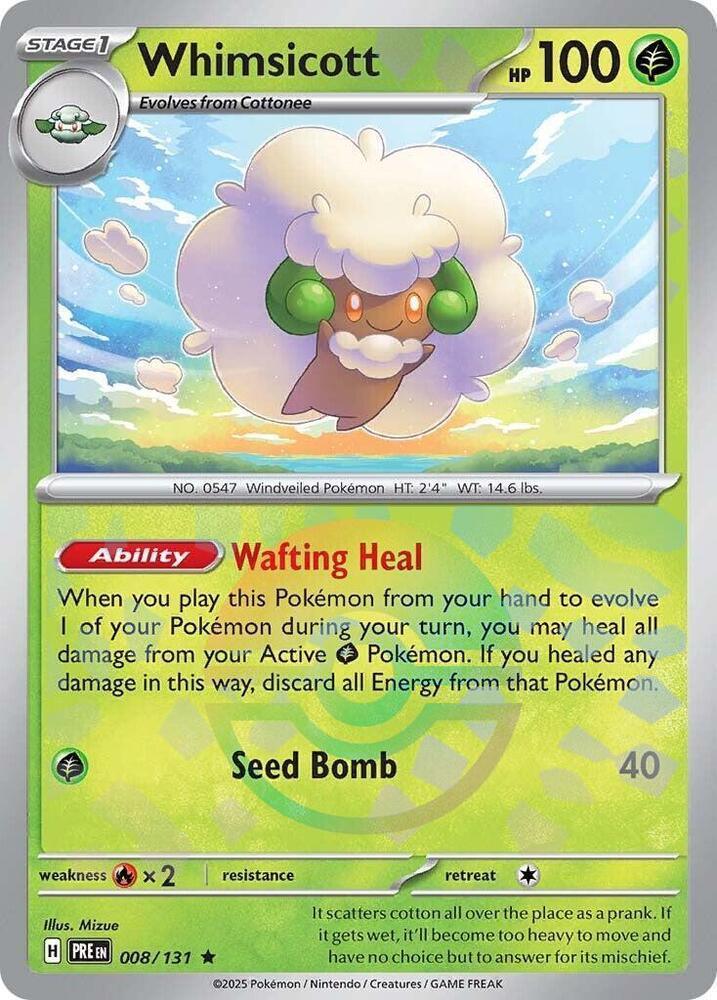 008, Fire [x2], Grass, Holofoil, Rare, Scarlet & Violet: Prismatic Evolutions Whimsicott (008/131) (Poke Ball Pattern) [Scarlet & Violet: Prismatic Evolutions] - Trading Card World