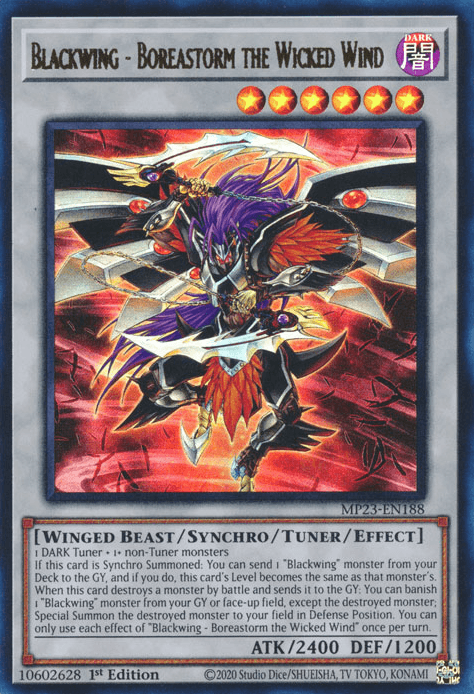 1st Edition, Dark, Dueling Heroes Collectors Tin - Mega Pack (25th Anniversary Edition), Synchro/Turner/Effect Monster, Ultra Rare, Winged Beast Blackwing - Boreastorm the Wicked Wind [MP23-EN188] Ultra Rare - Trading Card World