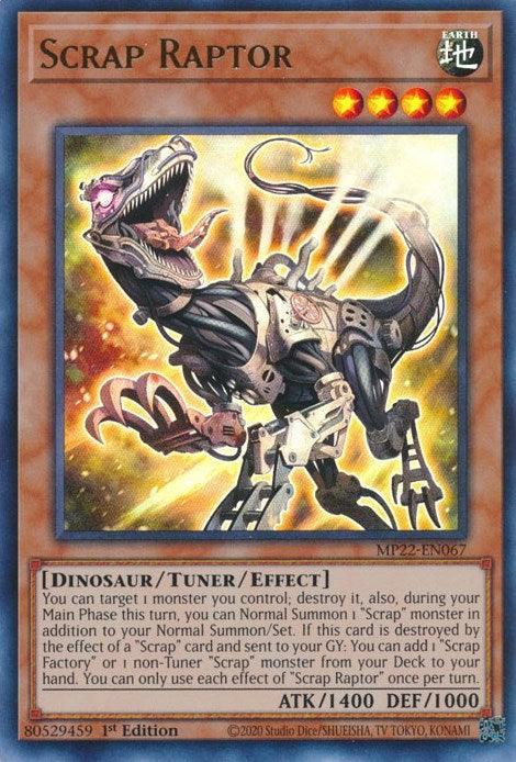 1st Edition, 2022 Tin of the Pharaoh's Gods, Dinosaur, Earth, Tuner/Effect Monster, Ultra Rare Scrap Raptor [MP22-EN067] Ultra Rare - Trading Card World