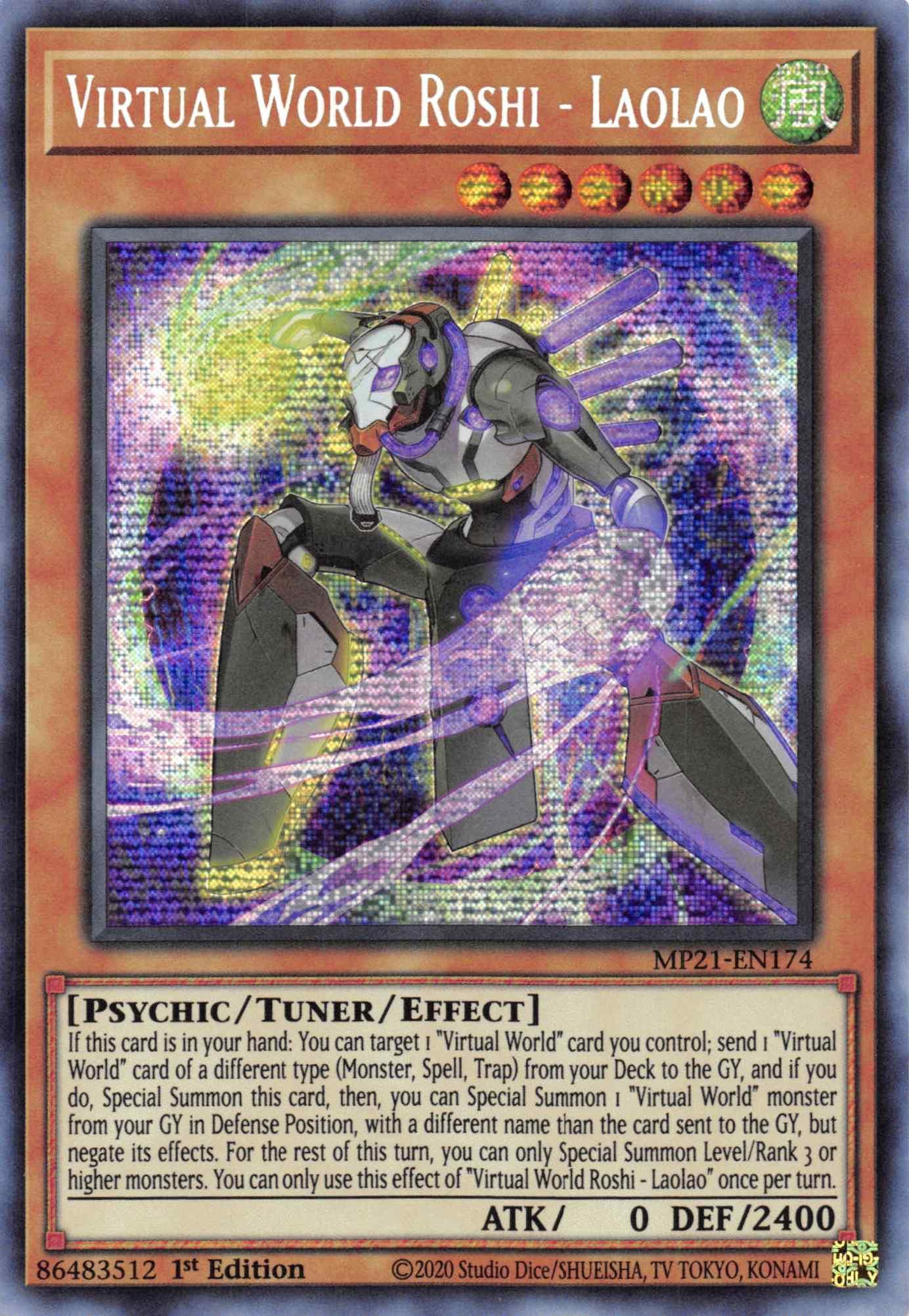 1st Edition, 2021 Tin of Ancient Battles, Prismatic Secret Rare, Psychic, Tuner/Effect Monster, Wind Virtual World Roshi - Laolao [MP21-EN174] Prismatic Secret Rare - Trading Card World