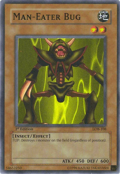 1st Edition, Earth, Effect Monster, Insect, Super Rare, The Legend of Blue Eyes White Dragon, Unlimited Man-Eater Bug [LOB-108] Super Rare - Trading Card World
