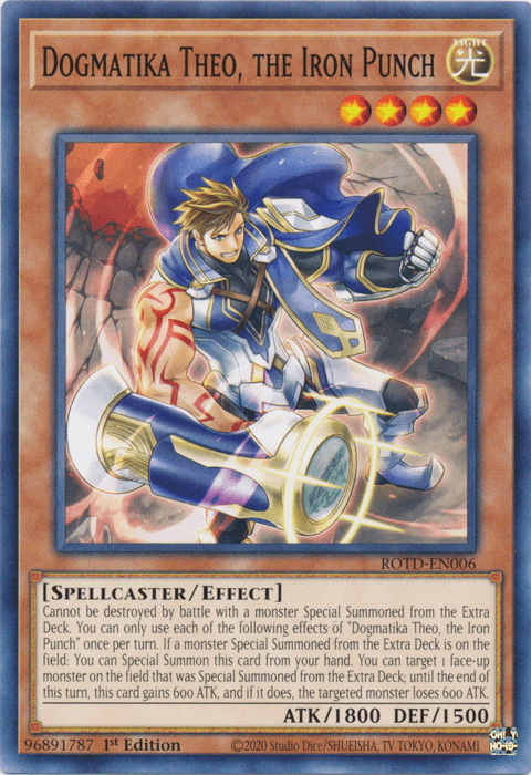 1st Edition, Common, Effect Monster, Light, Rise of the Duelist, Spellcaster Dogmatika Theo, the Iron Punch [ROTD-EN006] Common - Trading Card World