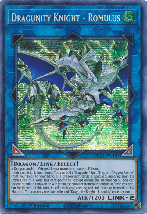 1st Edition, 2020 Tin of Lost Memories, Dragon, Link/Effect Monster, Prismatic Secret Rare, Wind Dragunity Knight - Romulus [MP20-EN145] Prismatic Secret Rare - Trading Card World
