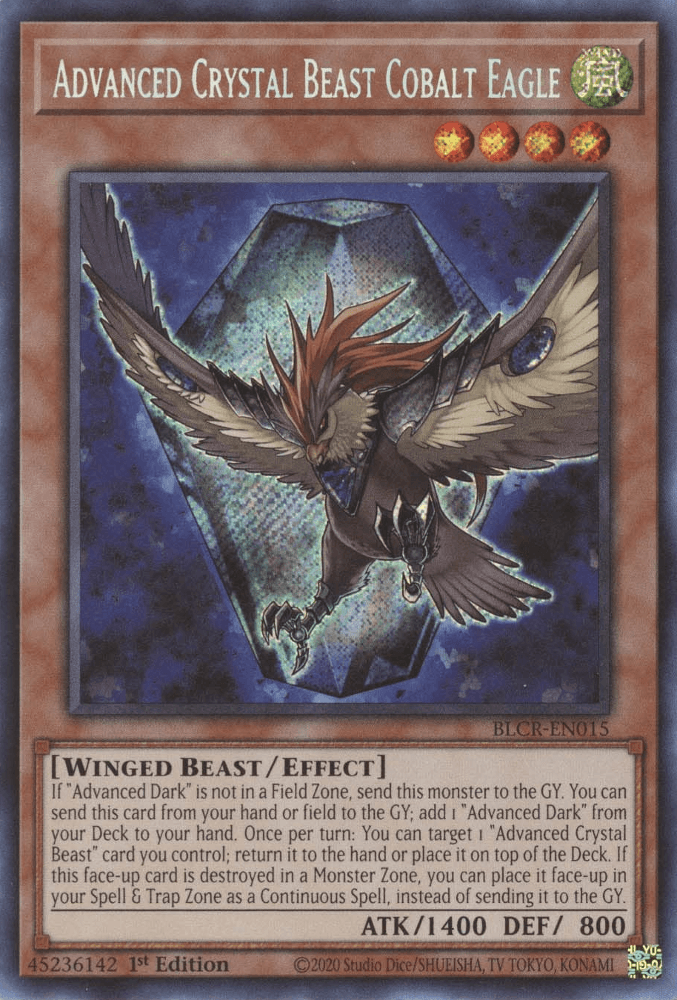 1st Edition, Battles of Legend: Crystal Revenge, Effect Monster, Secret Rare, Wind, Winged Beast Advanced Crystal Beast Cobalt Eagle [BLCR-EN015] Secret Rare - Trading Card World