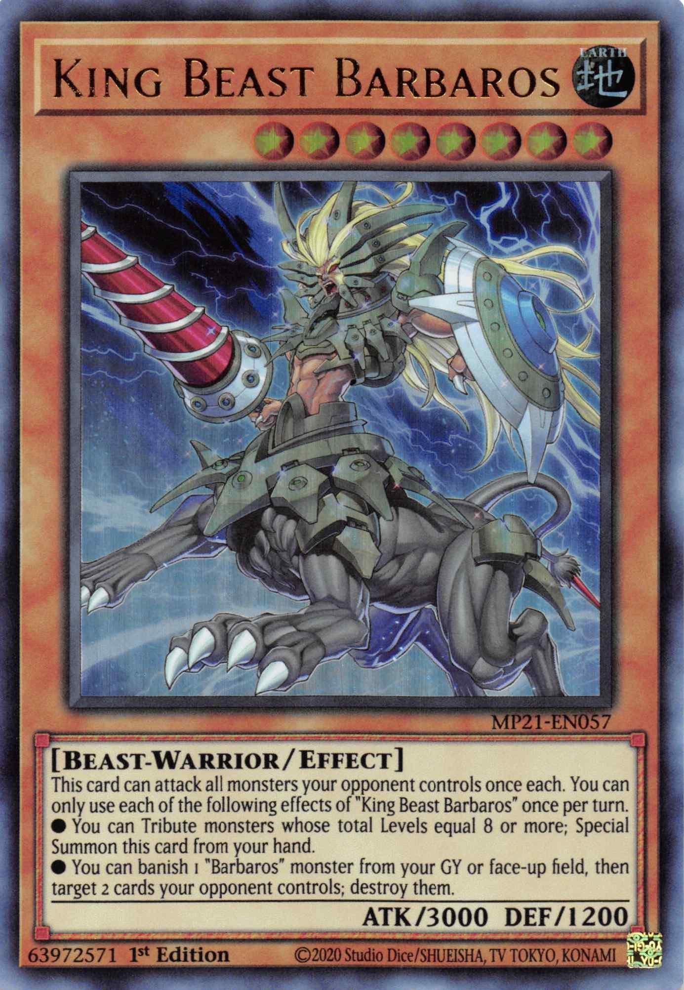 1st Edition, 2021 Tin of Ancient Battles, Beast-Warrior, Earth, Effect Monster, Ultra Rare King Beast Barbaros [MP21-EN057] Ultra Rare - Trading Card World