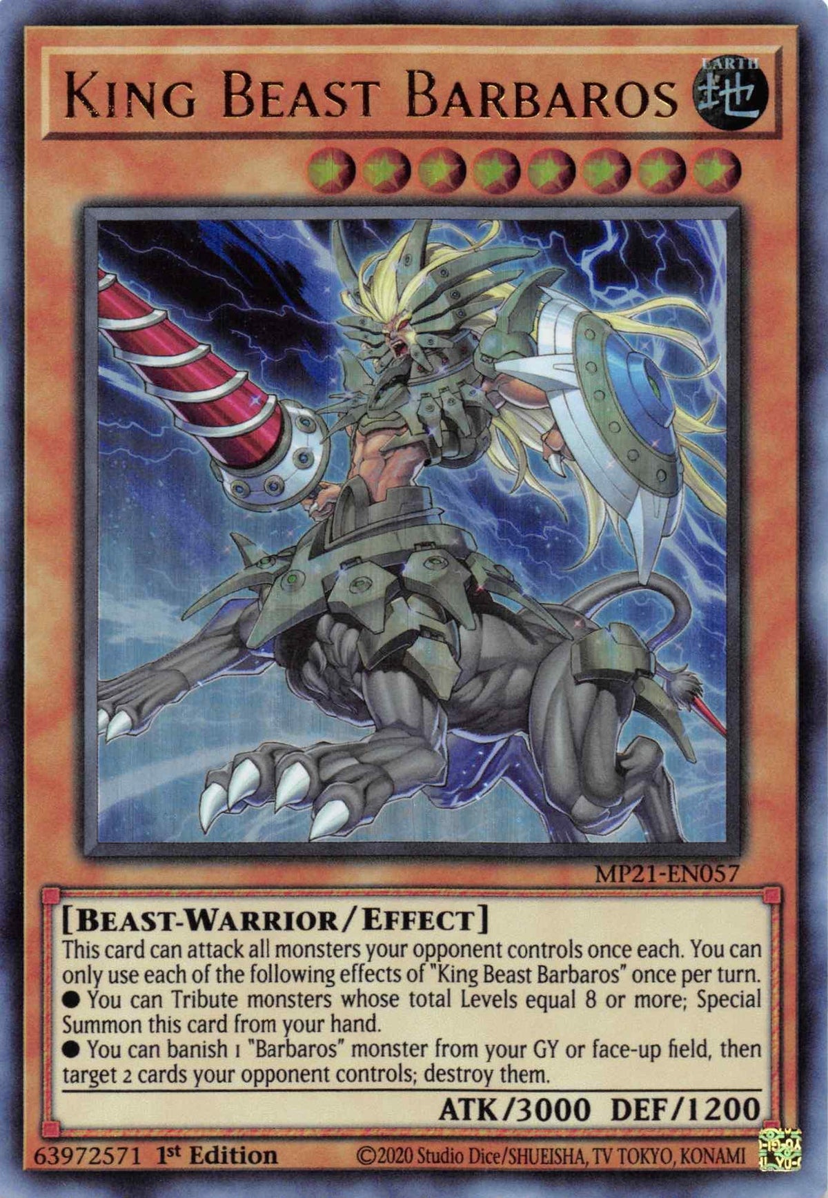 1st Edition, 2021 Tin of Ancient Battles, Beast-Warrior, Earth, Effect Monster, Ultra Rare King Beast Barbaros [MP21-EN057] Ultra Rare - Trading Card World