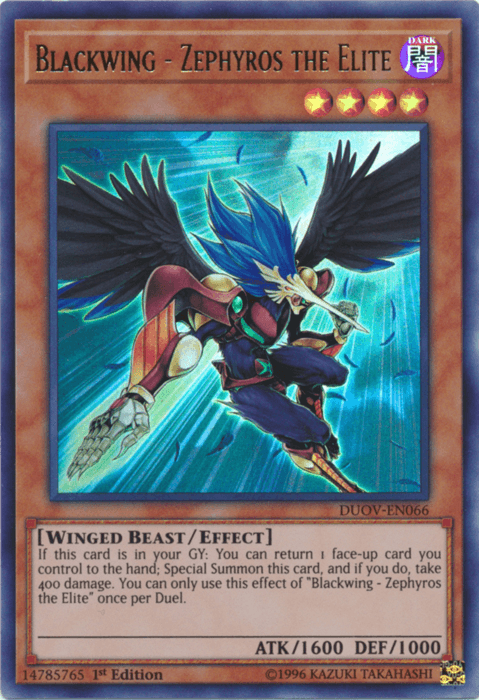 1st Edition, Dark, Duel Overload, Effect Monster, Ultra Rare, Winged Beast Blackwing - Zephyros the Elite [DUOV-EN066] Ultra Rare - Trading Card World