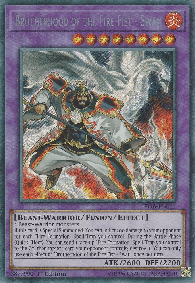 1st Edition, Beast-Warrior, Fire, Fists of the Gadgets, Fusion/Effect Monster, Secret Rare Brotherhood of the Fire Fist - Swan [FIGA-EN015] Secret Rare - Trading Card World