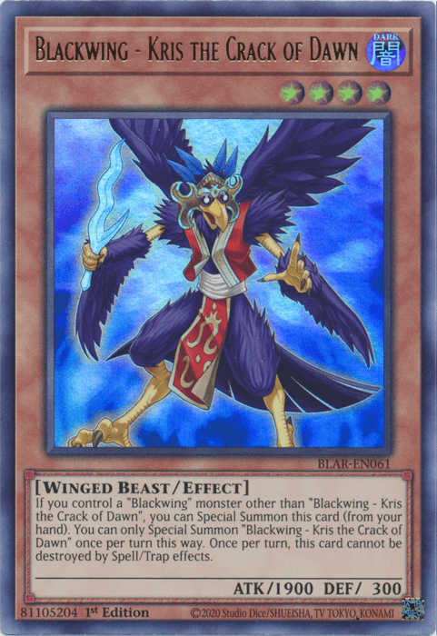 1st Edition, Battles of Legend: Armageddon, Dark, Effect Monster, Ultra Rare, Winged Beast Blackwing - Kris the Crack of Dawn [BLAR-EN061] Ultra Rare - Trading Card World