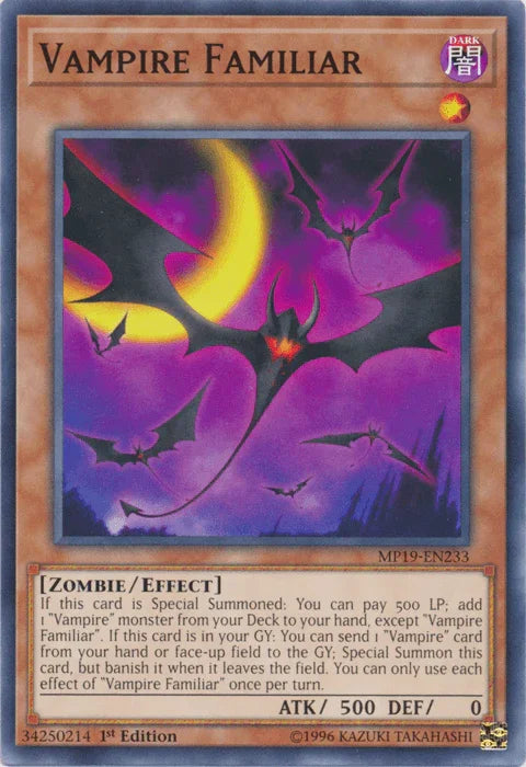 1st Edition, 2019 Gold Sarcophagus Tin Mega Pack, Common, Dark, Effect Monster, Unlimited, Zombie Vampire Familiar [MP19-EN233] Common - Trading Card World