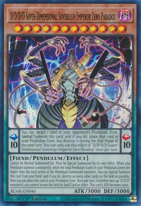 1st Edition, Battles of Legend: Monstrous Revenge, Dark, Fiend, Pendulum/Effect Monster, Ultra Rare D/D/D/D Super-Dimensional Sovereign Emperor Zero Paradox [BLMR-EN046] Ultra Rare - Trading Card World