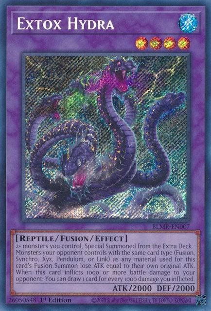 1st Edition, Battles of Legend: Monstrous Revenge, Fusion/Effect Monster, Reptile, Secret Rare, Water Extox Hydra [BLMR-EN007] Secret Rare - Trading Card World
