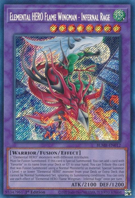 1st Edition, Battles of Legend: Monstrous Revenge, Fusion/Effect Monster, Secret Rare, Warrior, Wind Elemental HERO Flame Wingman - Infernal Rage [BLMR-EN012] Secret Rare - Trading Card World