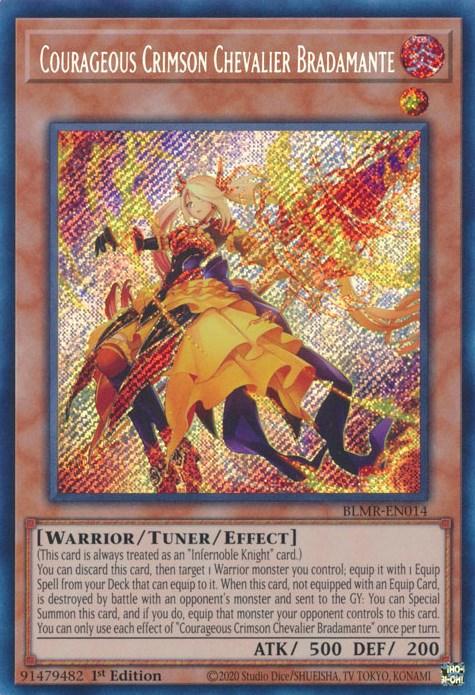 1st Edition, Battles of Legend: Monstrous Revenge, Fire, Secret Rare, Tuner/Effect Monster, Warrior Courageous Crimson Chevalier Bradamante [BLMR-EN014] Secret Rare - Trading Card World