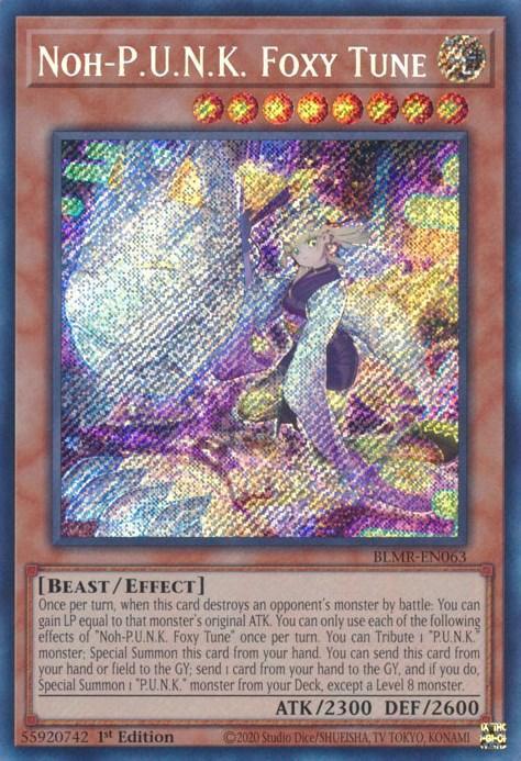 1st Edition, Battles of Legend: Monstrous Revenge, Beast, Effect Monster, Light, Secret Rare Noh-P.U.N.K. Foxy Tune [BLMR-EN063] Secret Rare - Trading Card World