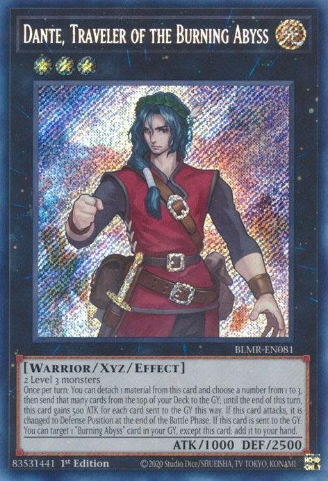1st Edition, Battles of Legend: Monstrous Revenge, Light, Secret Rare, Warrior, Xyz/Effect Monster Dante, Traveler of the Burning Abyss [BLMR-EN081] Secret Rare - Trading Card World