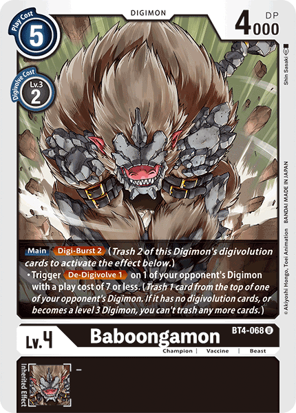 Beast, Black, BT4-068, Champion, Digimon, Great Legend, Uncommon, Vaccine Baboongamon [BT4-068] [Great Legend] - Trading Card World