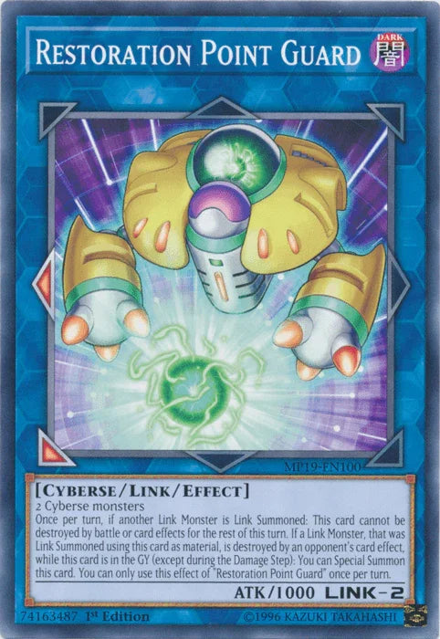 1st Edition, 2019 Gold Sarcophagus Tin Mega Pack, Common, Cyberse, Dark, Link/Effect Monster, Unlimited Restoration Point Guard [MP19-EN100] Common - Trading Card World