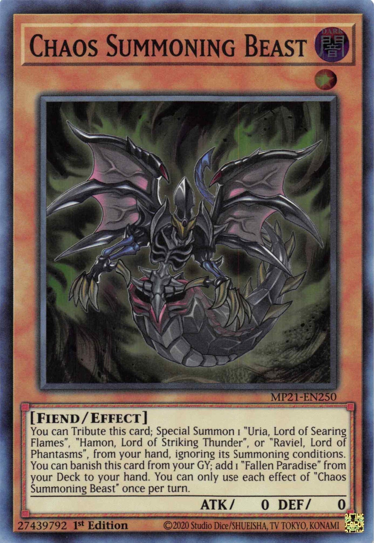 1st Edition, 2021 Tin of Ancient Battles, Dark, Effect Monster, Fiend, Super Rare Chaos Summoning Beast [MP21-EN250] Super Rare - Trading Card World