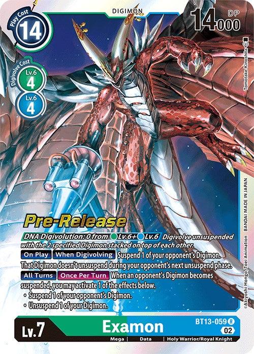 Blue;Green, BT13-059, Data, Digimon, Holy Warrior/Royal Knight, Mega, Rare, Versus Royal Knights Booster Pre-Release Cards Examon [BT13-059] [Versus Royal Knights Booster Pre-Release Cards] - Trading Card World