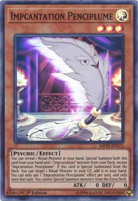 1st Edition, 2019 Gold Sarcophagus Tin Mega Pack, Effect Monster, Light, Psychic, Super Rare, Unlimited Impcantation Penciplume [MP19-EN171] Super Rare - Trading Card World