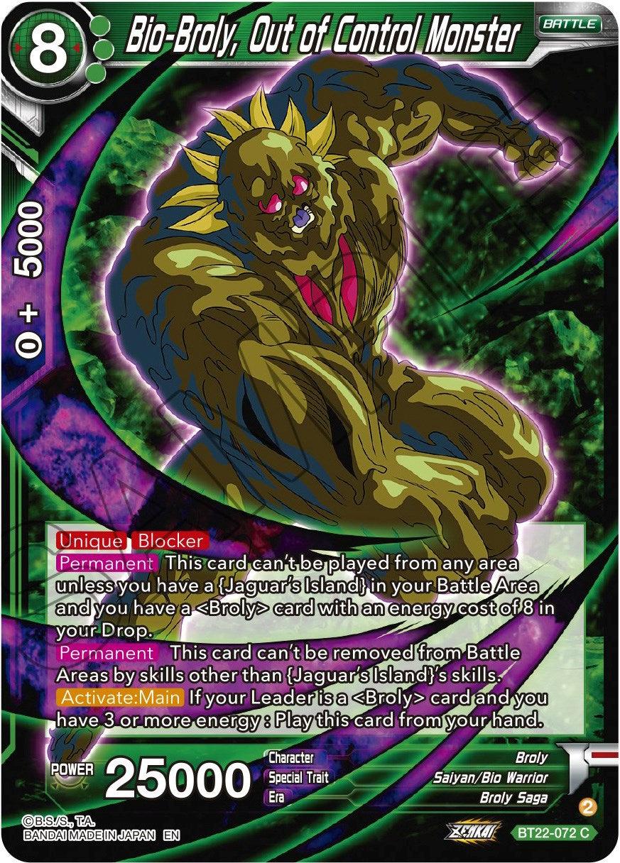 Battle, Broly, Broly Saga, BT22-072, Common, Critical Blow, Green, Normal, Parallel Foil, Saiyan/Bio Warrior Bio-Broly, Out of Control Monster (BT22-072) [Critical Blow] - Trading Card World