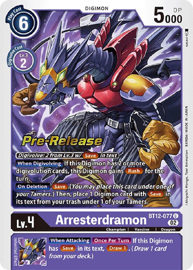 Across Time Pre-Release Cards, BT12-077, Champion, Digimon, Dragon, Purple, Uncommon, Vaccine Arresterdramon [BT12-077] [Across Time Pre-Release Cards] - Trading Card World