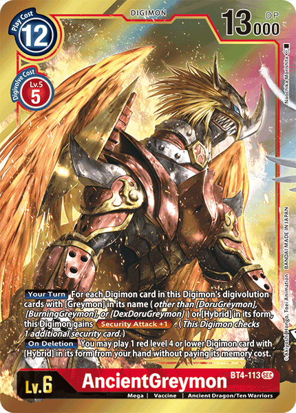Ancient Dragon/Tem Warriors, BT4-113, Digimon, Great Legend, Mega, Red, Secret Rare, Vaccine AncientGreymon [BT4-113] (Alternate Art) [Great Legend] - Trading Card World